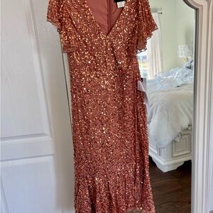 Mac Duggal Rose Gold Sequin Midi Dress